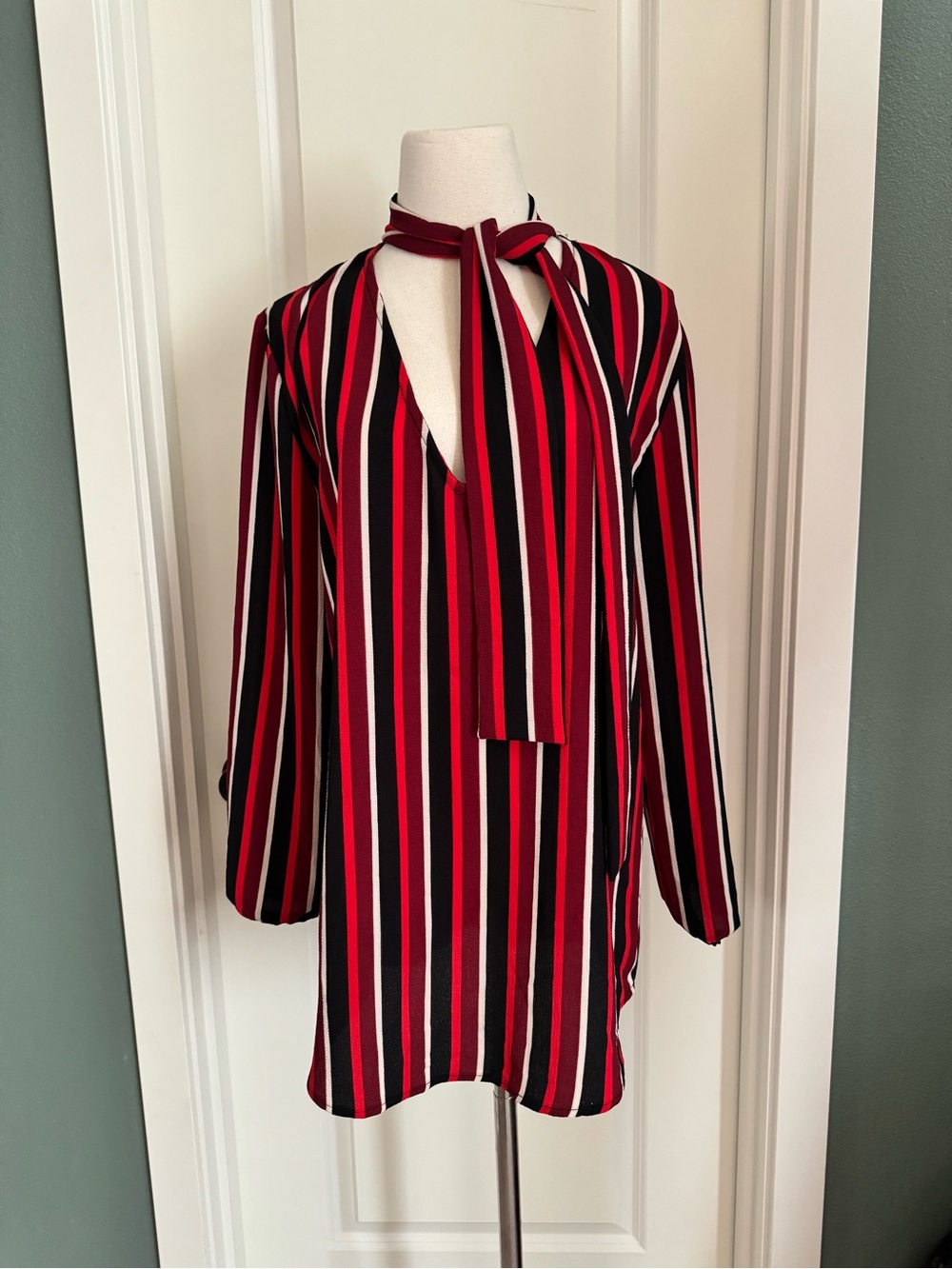 Red Striped Tie-Neck Blouse with Long Sleeves - DEADSTOCK